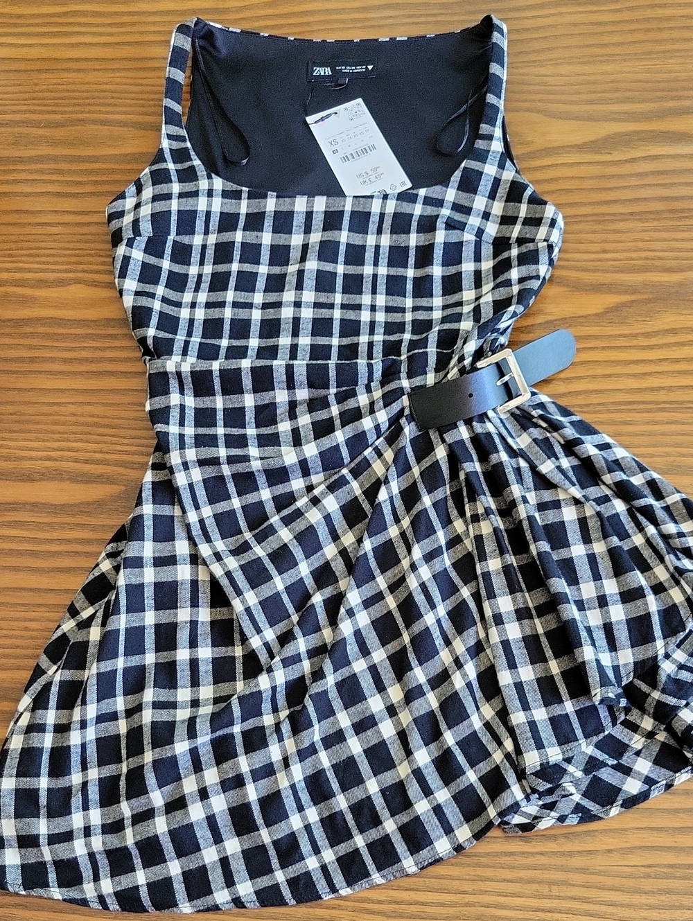 NWT -- ZARA Black and White Plaid Sleeveless Dress with Side Belt | Size: XS